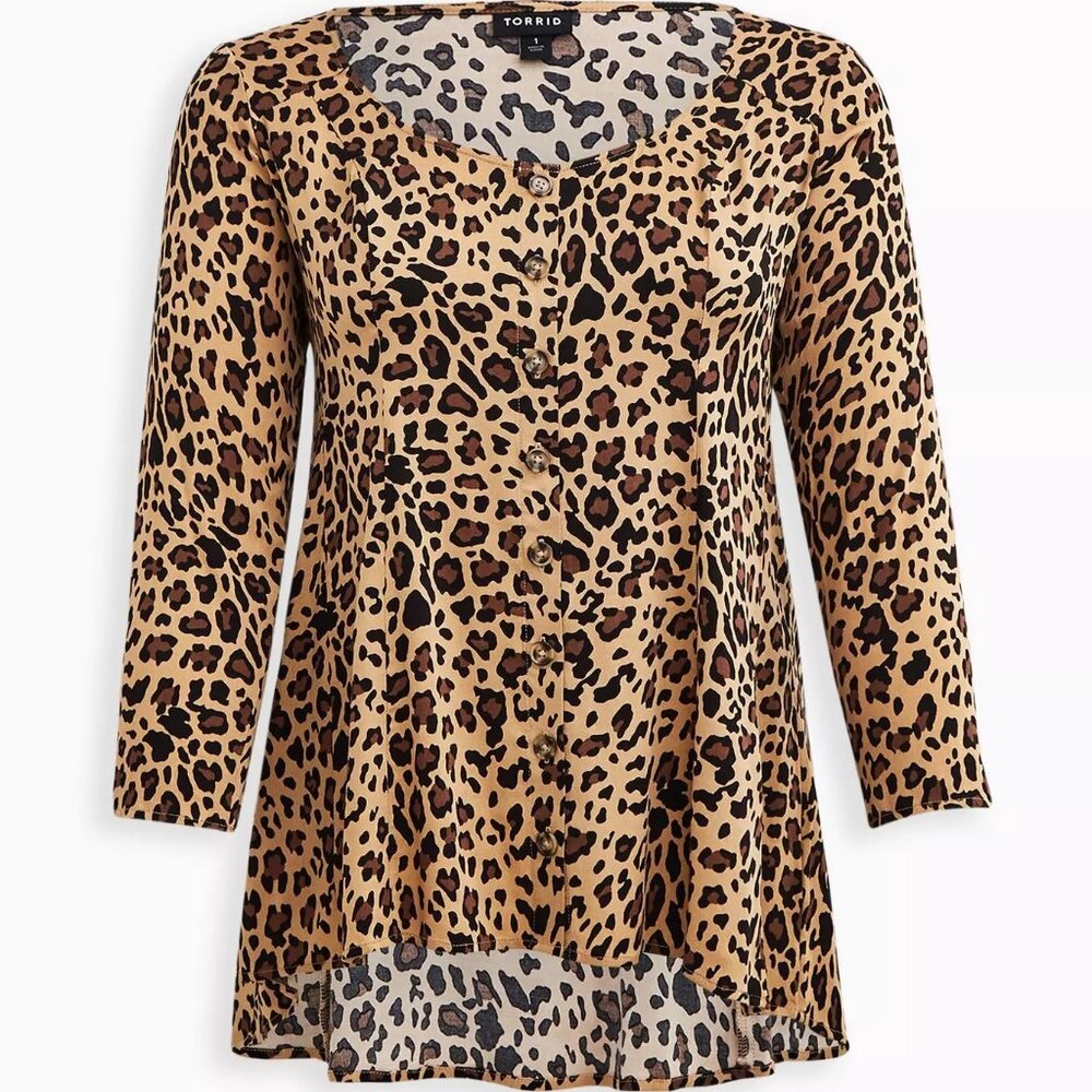 Torrid Leopard Print Fit & Flare Blouse Womens Size 1 Stretch Challis Sweetheart